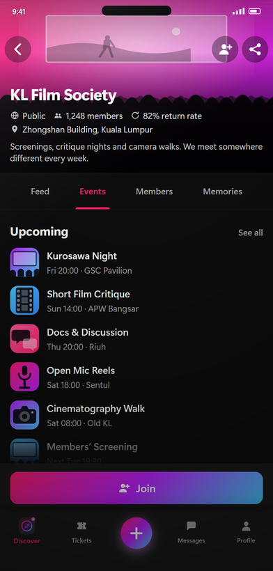 The KL Film Society community page in Avokindo, showing its return rate and location, the Feed, Events, Members and Memories tabs, a list of upcoming screenings and critique nights, and a Join button.