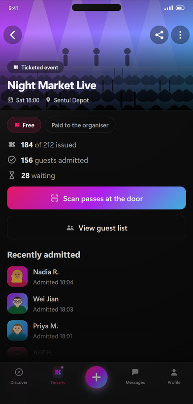 The organiser's view of a ticketed event called Night Market Live in Avokindo, showing counts of passes issued, guests admitted and people waiting, buttons to scan passes at the door and view the guest list, and a list of recently admitted guests.